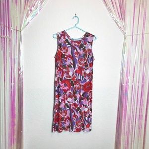 Art Nouveau pink & purple floral print summer sheath 1960's dress SMALL MED
